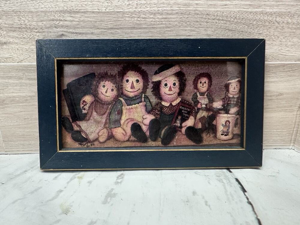 Vintage 1996 Raggedy Ann and Andy Framed Art Print Tea Party Wood Frame